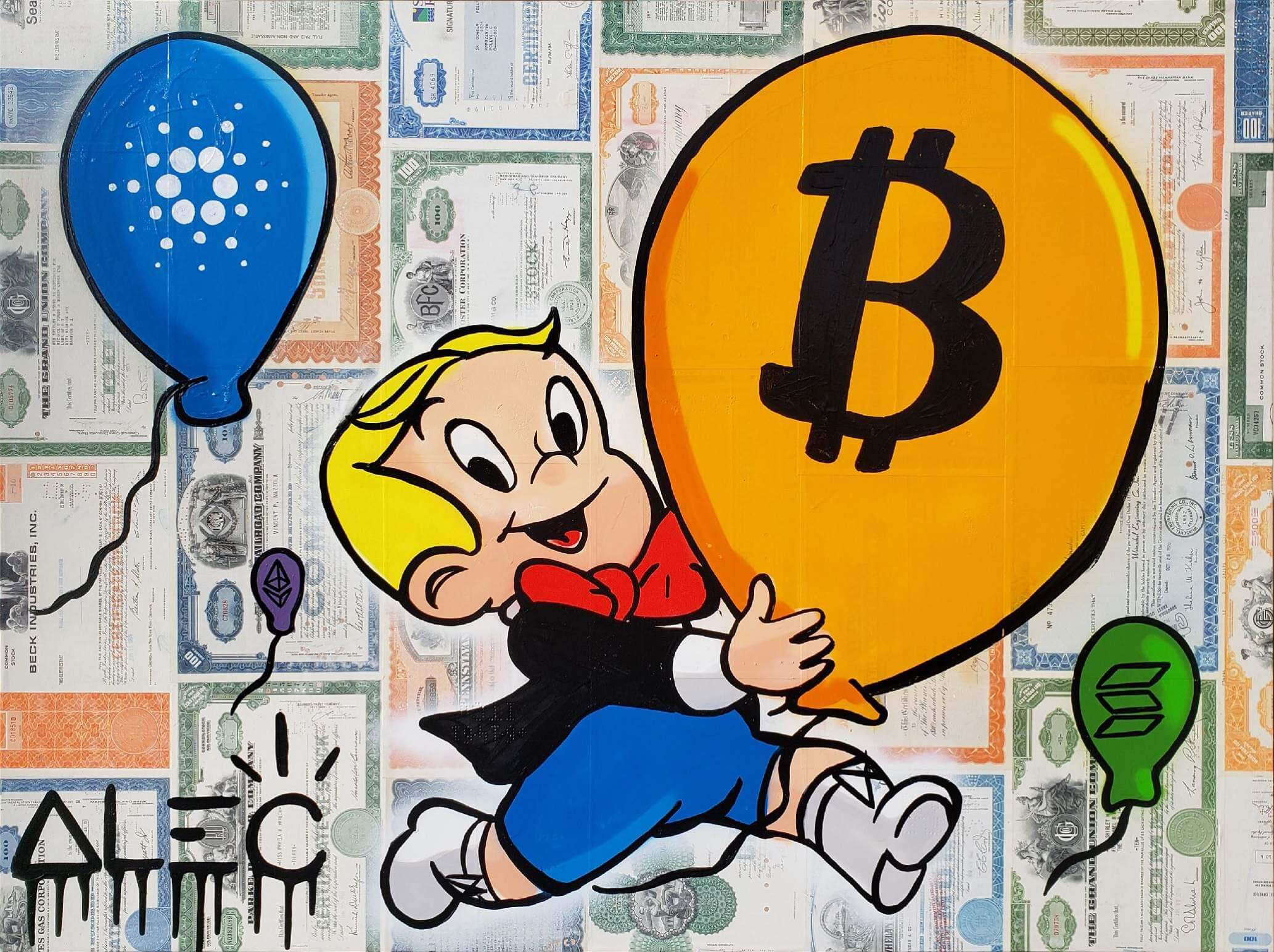 Richie Running with Crypto Balloons - Alec Monopoly - Eden Gallery