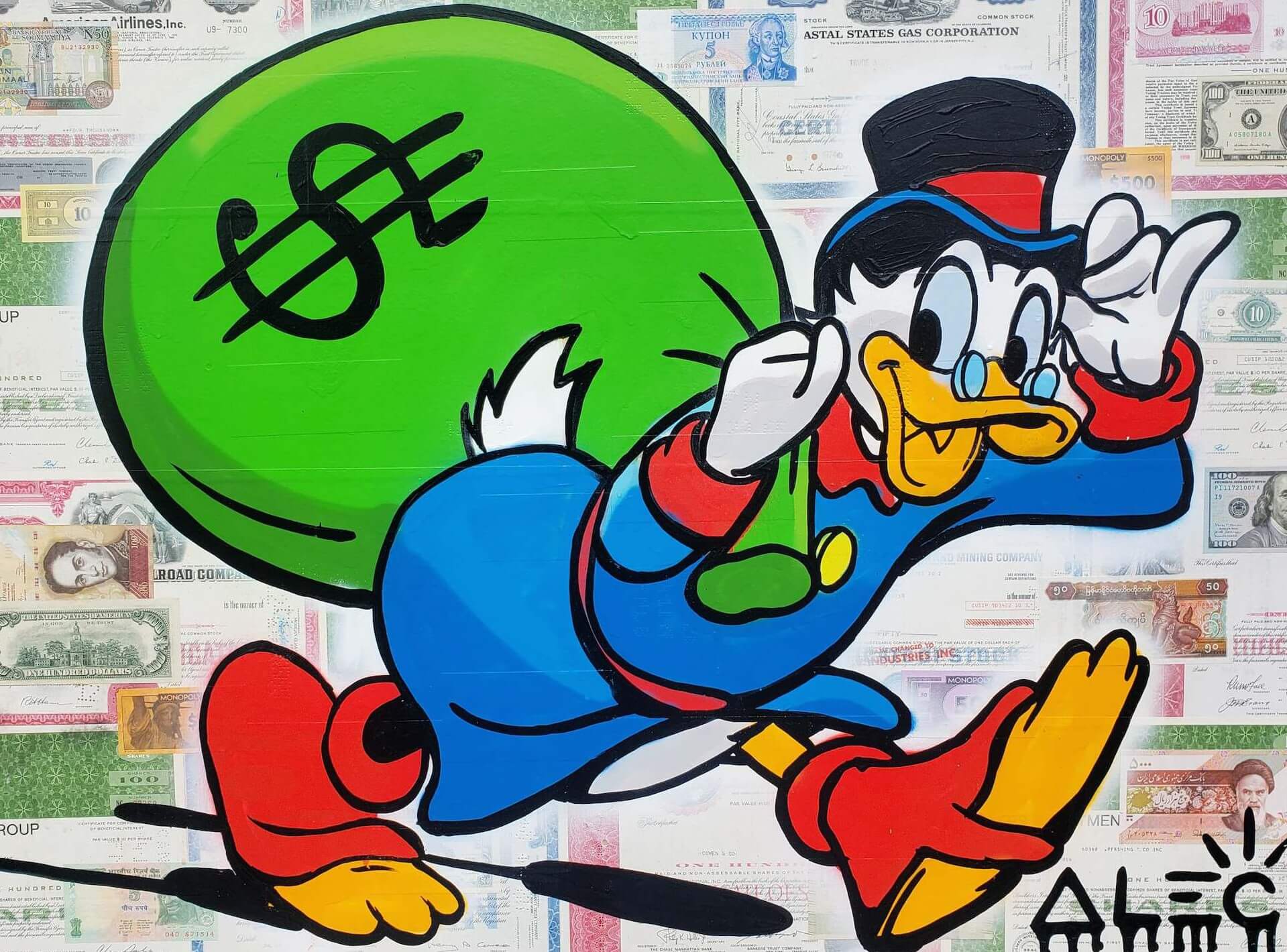Scrooge Walking with Big $ Bag - Alec Monopoly - Eden Gallery